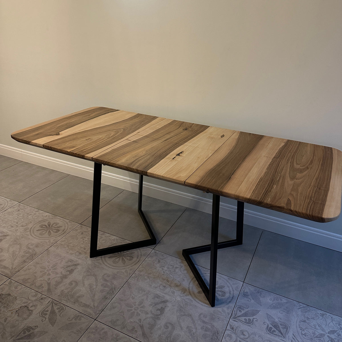 Custom Solid Wood Dining Table with Extension and Metal Base