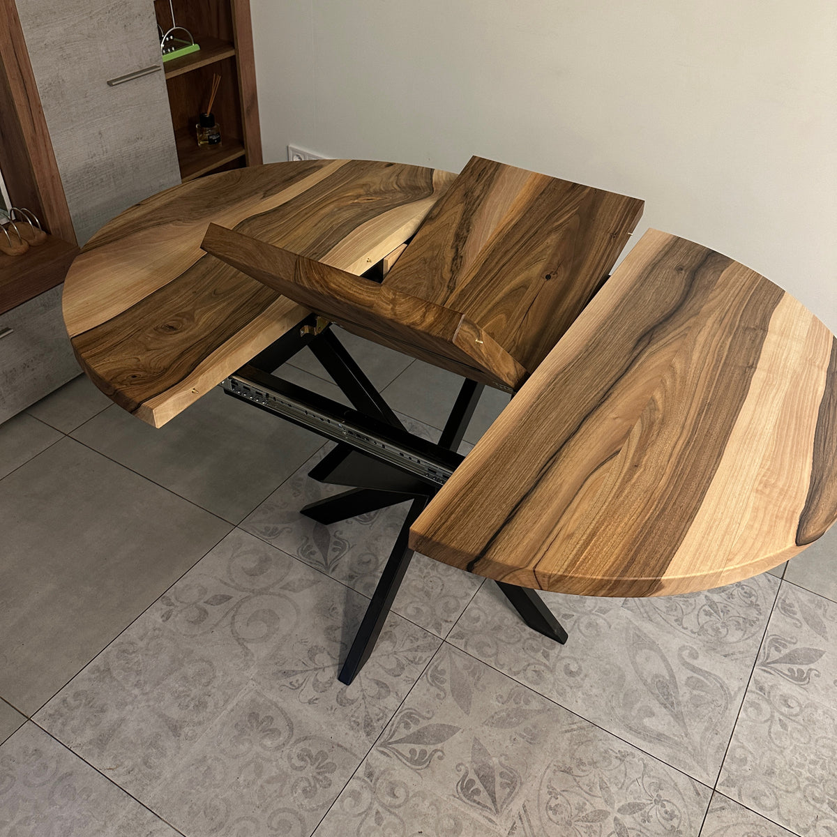 Round Extendable Walnut Dining Table with Metal Base