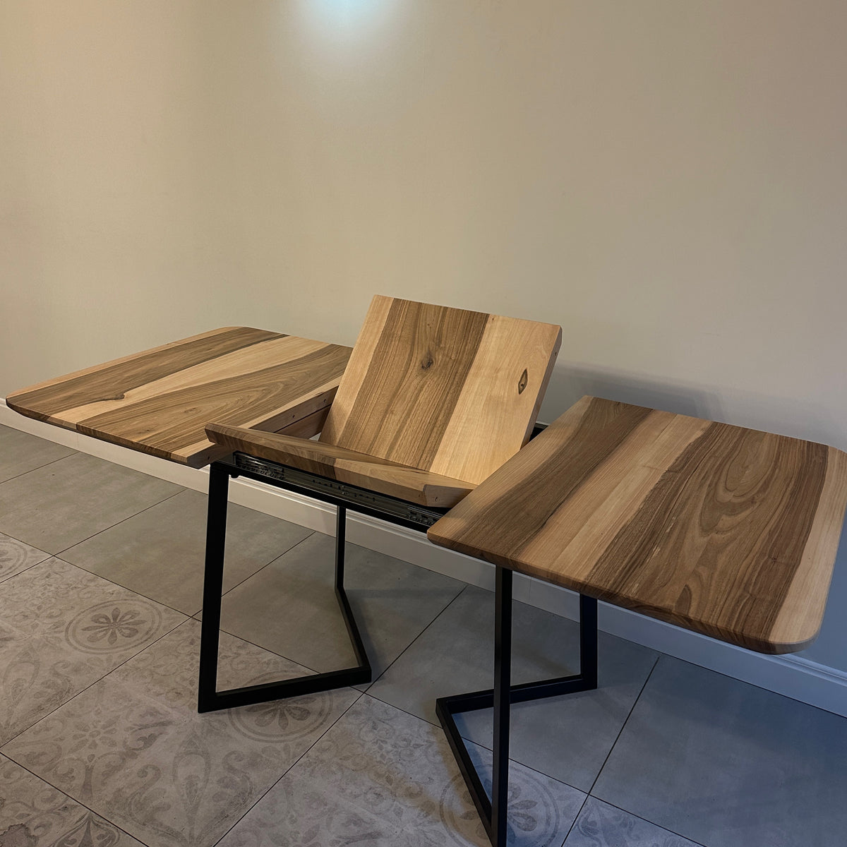 Custom Solid Wood Dining Table with Extension and Metal Base