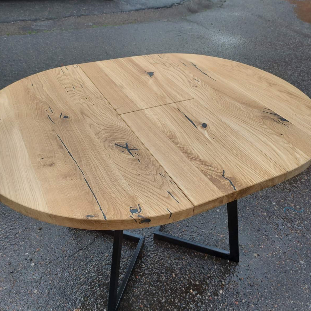 Round Extendable Oak Dining Table with Metal Base