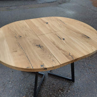 Round Extendable Oak Dining Table with Metal Base