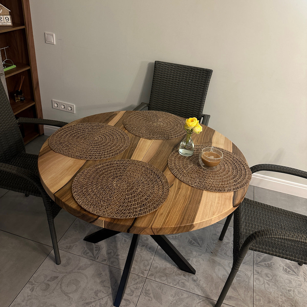 Round Extendable Walnut Dining Table with Metal Base