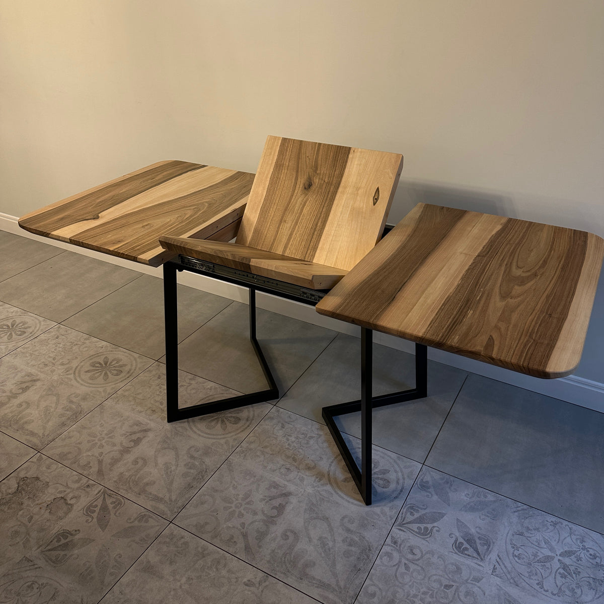 Custom Solid Wood Dining Table with Extension and Metal Base
