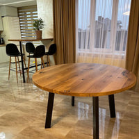 Solid Oak Round Extendable Dining Table with Metal Base