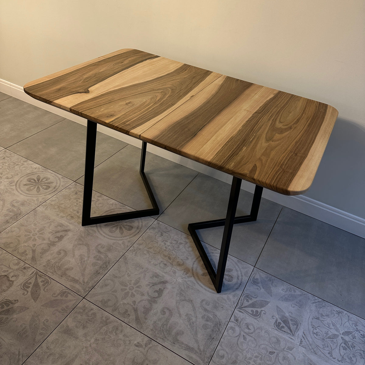 Custom Solid Wood Dining Table with Extension and Metal Base