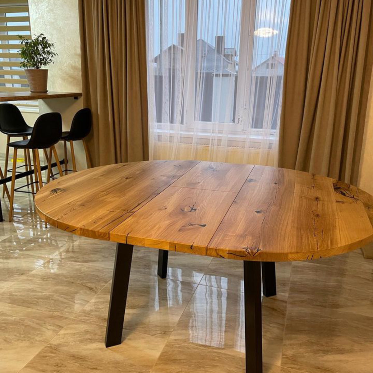 Solid Oak Round Extendable Dining Table with Metal Base
