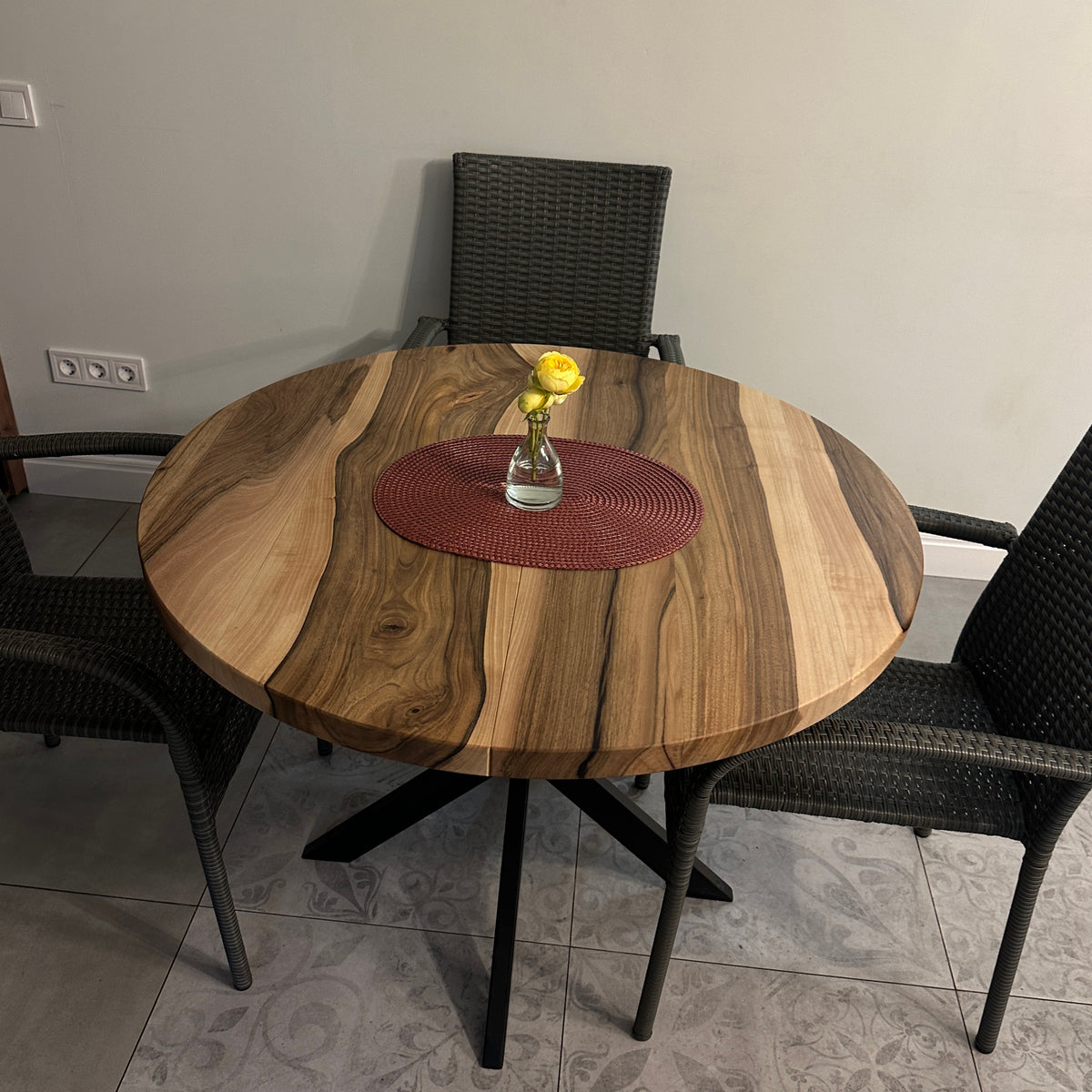 Round Extendable Walnut Dining Table with Metal Base