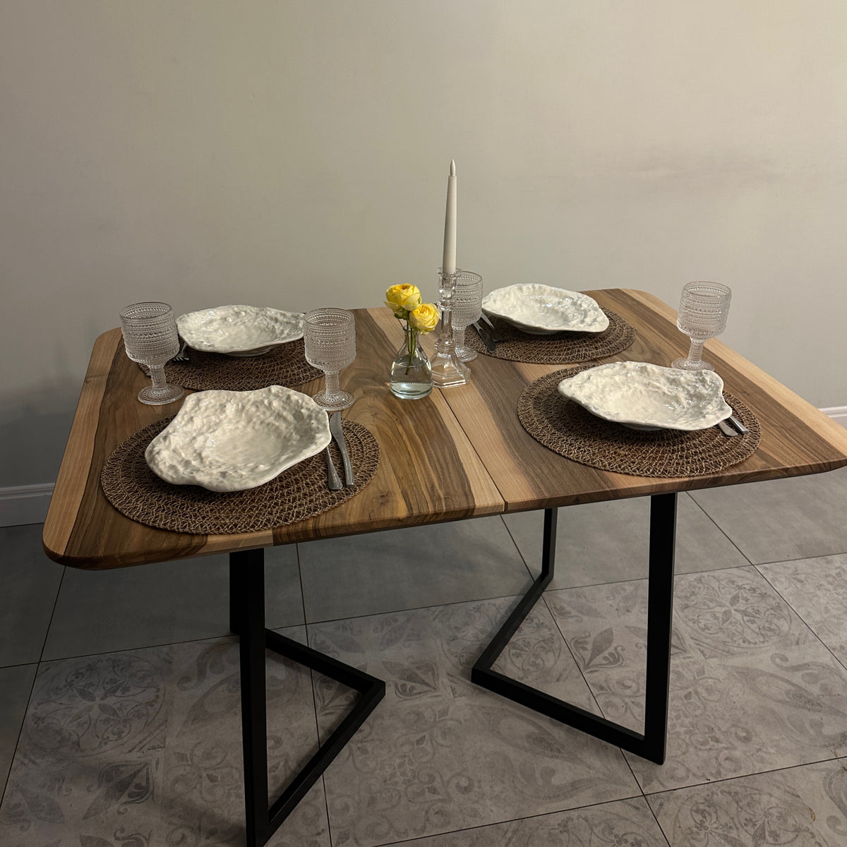 Custom Solid Wood Dining Table with Extension and Metal Base