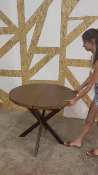 Round Extendable Solid Oak Dining Table with Metal Base
