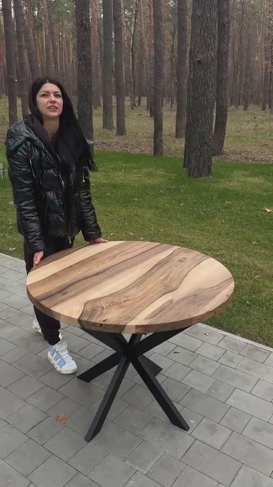 Round Extendable Walnut Dining Table with Metal Base