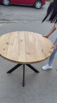 Round Extendable Solid Oak Dining Table with Metal Base