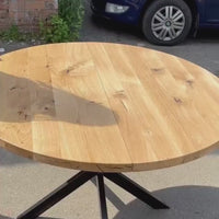 Round Extendable Solid Oak Dining Table with Metal Base