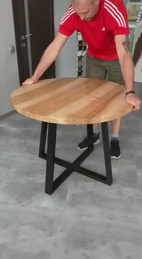 Round Extendable Solid Ash Dining Table with Metal Base