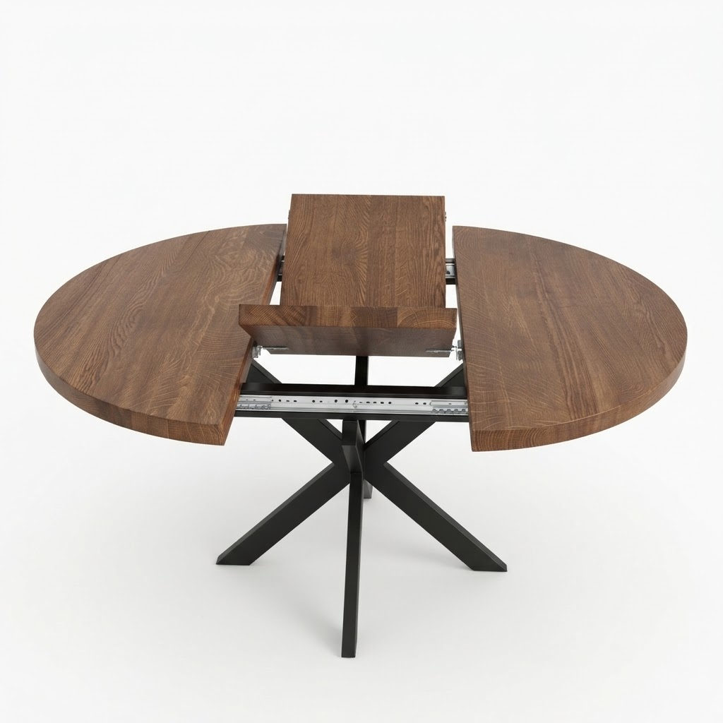 Round Extendable Solid Oak Dining Table with Metal Base
