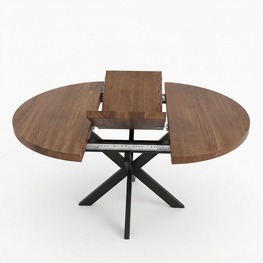 Round Extendable Solid Oak Dining Table with Metal Base