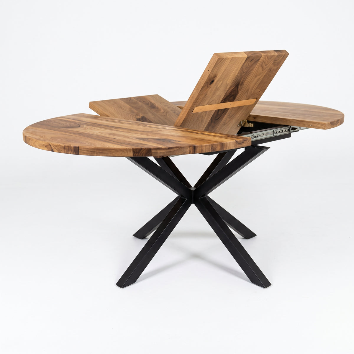 Round Extendable Walnut Dining Table with Metal Base