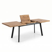 A rustic wooden extendable desk with black metal legs, shown partially extended on a clean white background.